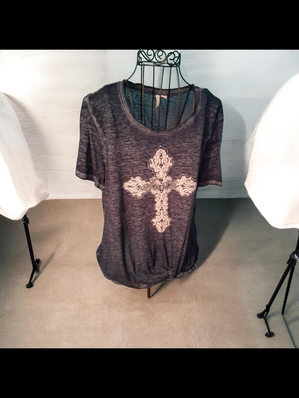 Est. 1848 Women's Velvet BlueShort Sleeve Top with Decorative Cross